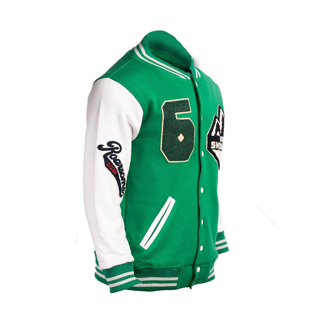Custom Varsity Jackets | Green & White | Premium Embroidery & Leather Skull Patch