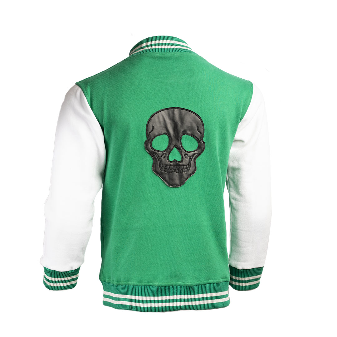 Custom Varsity Jackets | Green & White | Premium Embroidery & Leather Skull Patch
