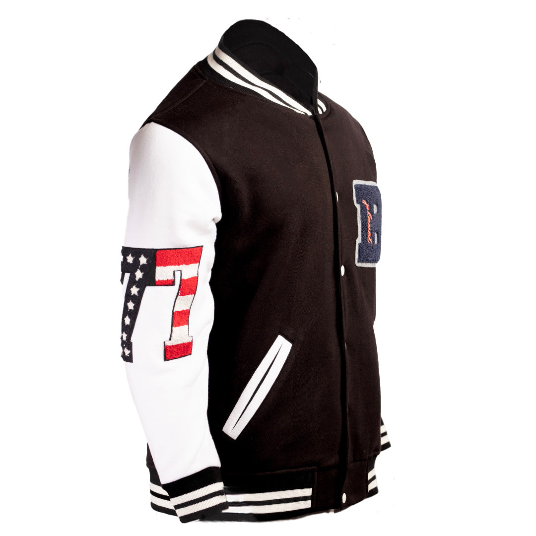 Custom Varsity Jacket | Black & White | Embroidered Patches & Leather Skull Design