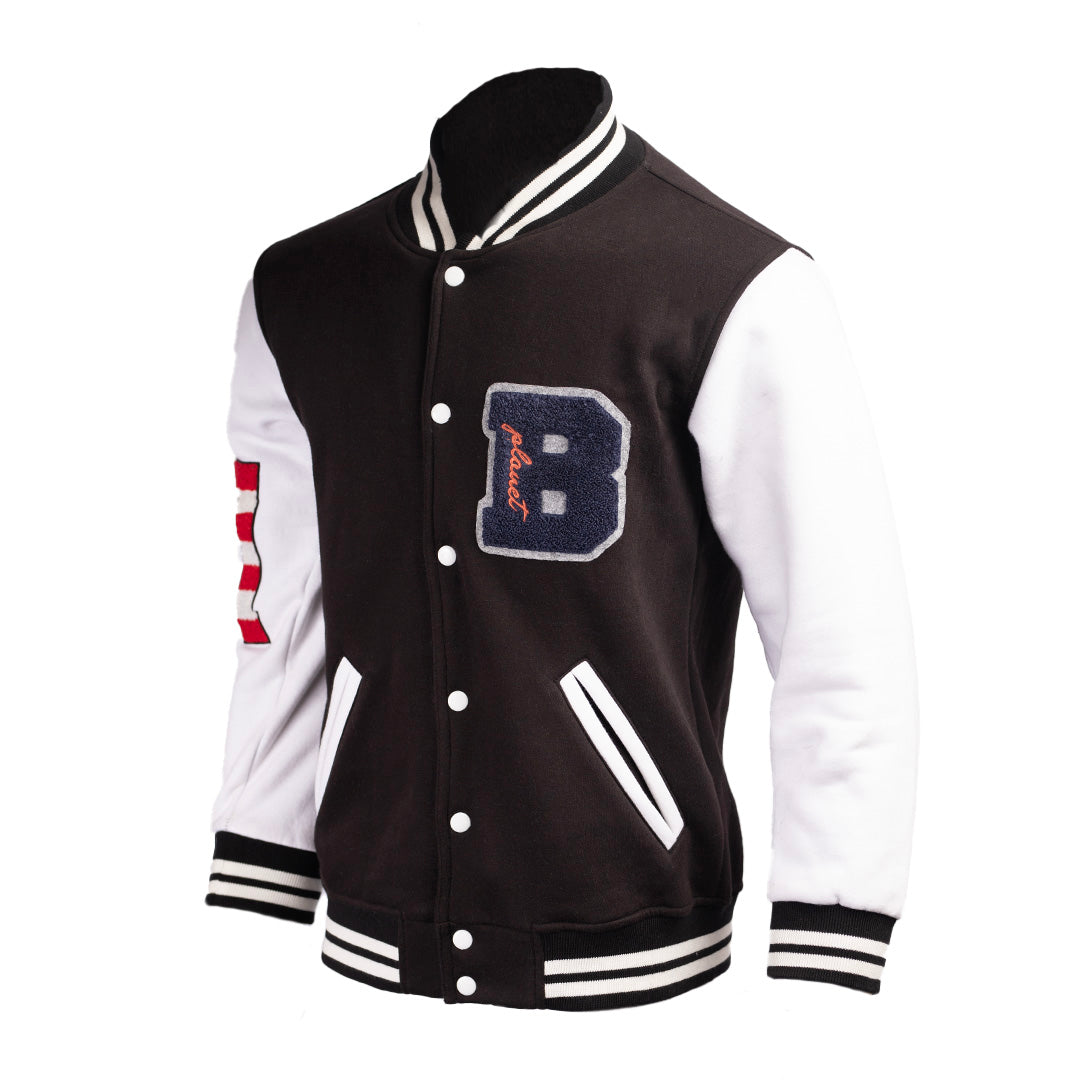 Custom Varsity Jacket | Black & White | Embroidered Patches & Leather Skull Design