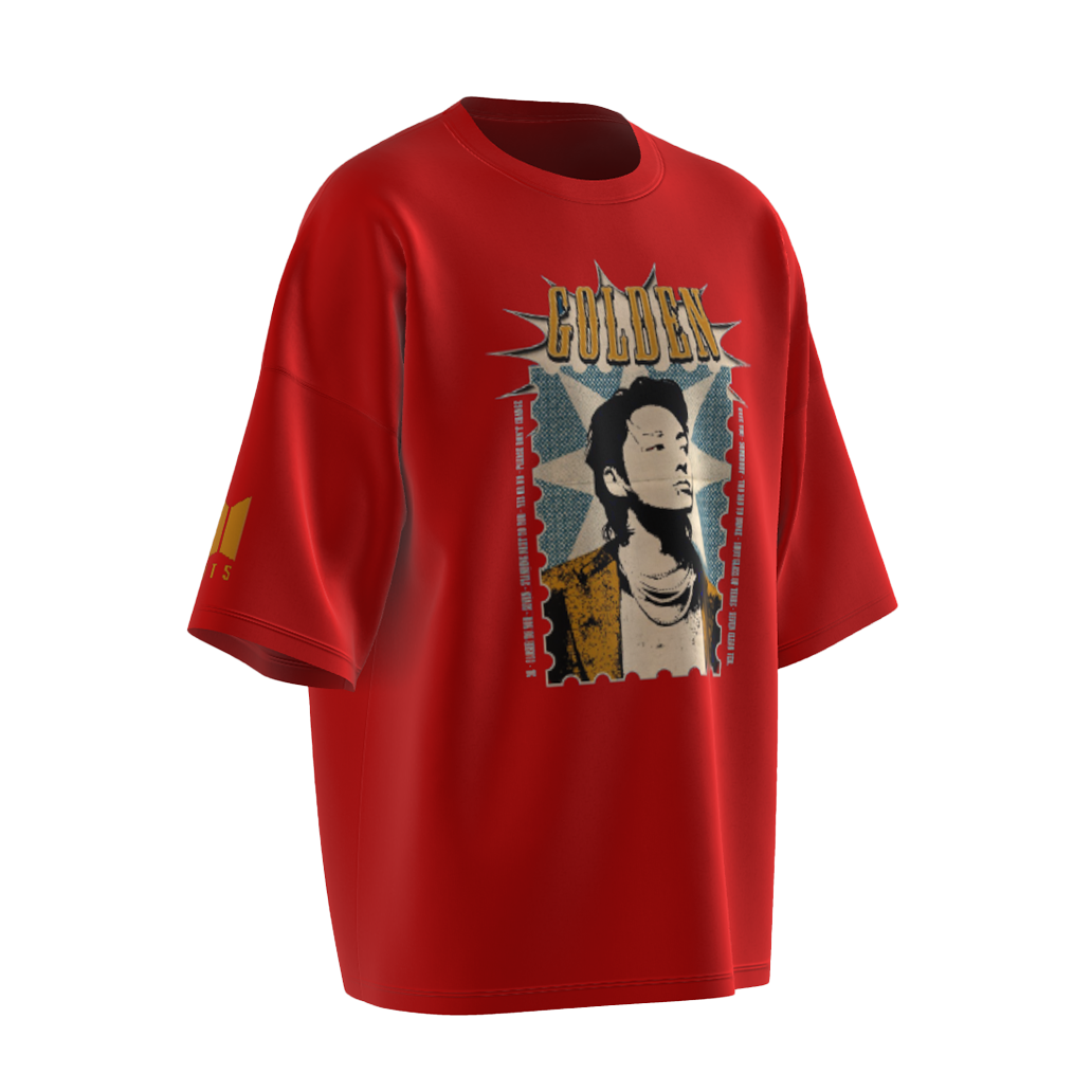 Oversized Jungkook Golden Print Red Drop Shoulder T-Shirt