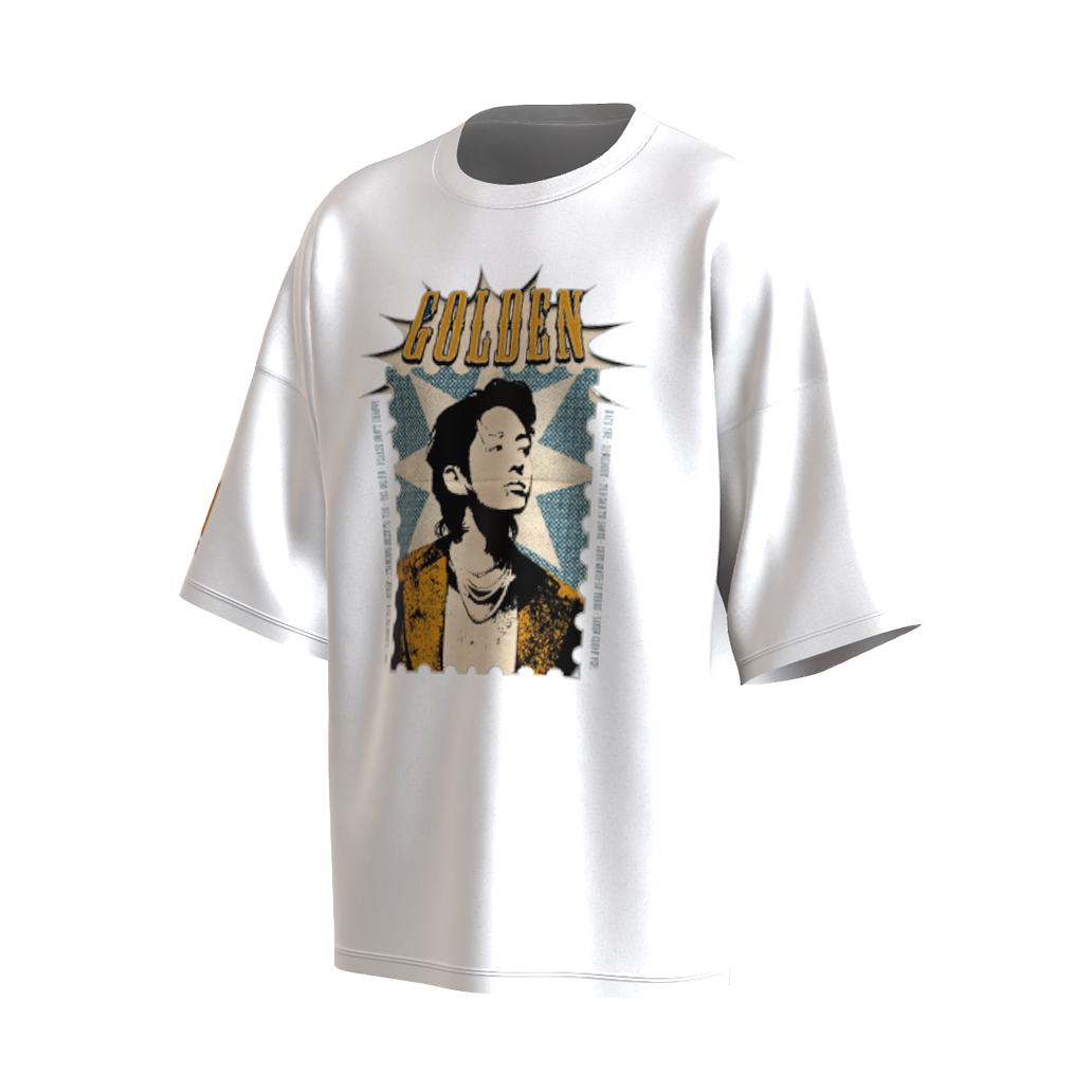 Oversized Jungkook Golden Print White Drop Shoulder T-Shirt