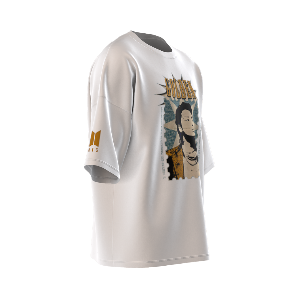 Oversized Jungkook Golden Print White Drop Shoulder T-Shirt