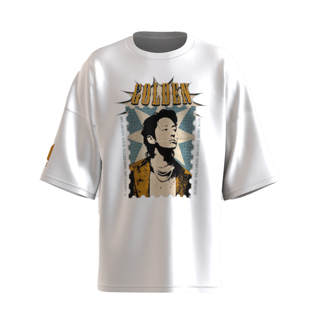 Oversized Jungkook Golden Print White Drop Shoulder T-Shirt