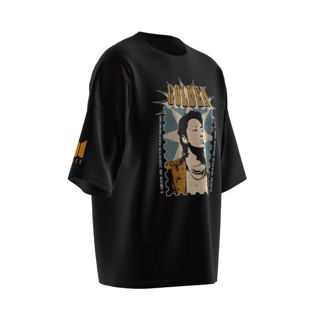 Oversized Jungkook Golden Print Black Drop Shoulder T-Shirt