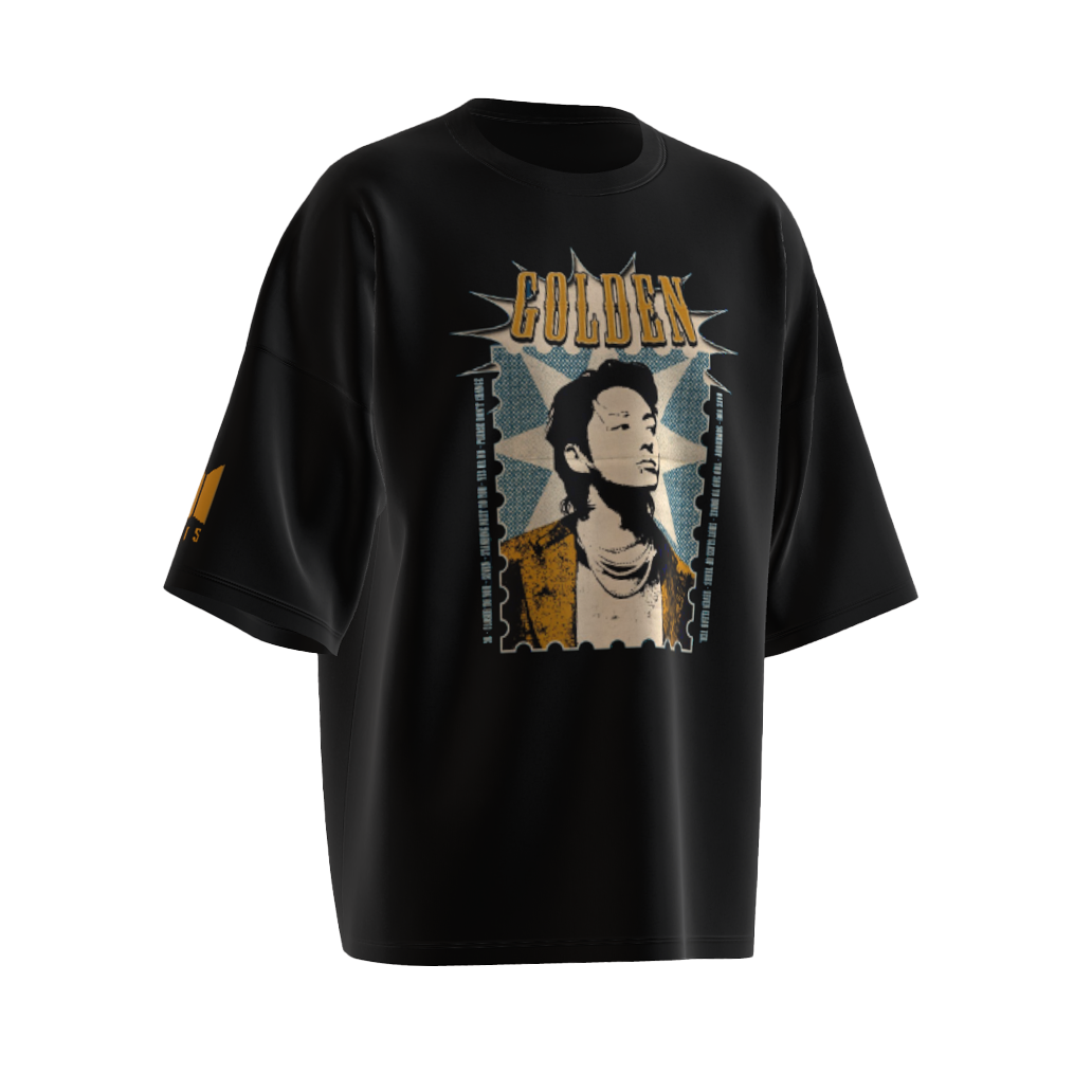 Oversized Jungkook Golden Print Black Drop Shoulder T-Shirt
