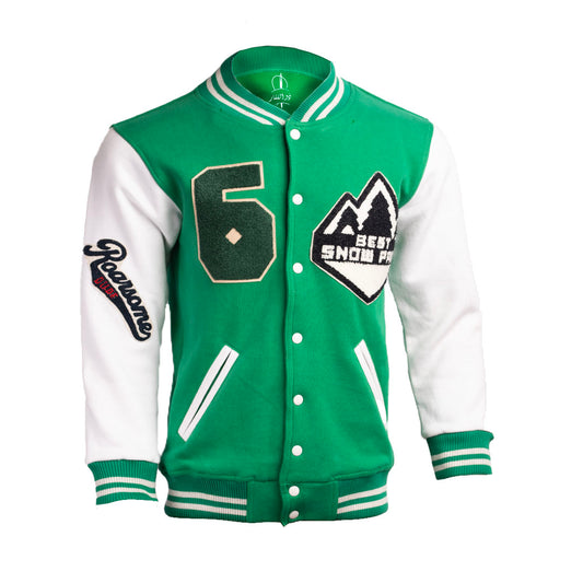 Custom Varsity Jackets | Green & White | Premium Embroidery & Leather Skull Patch