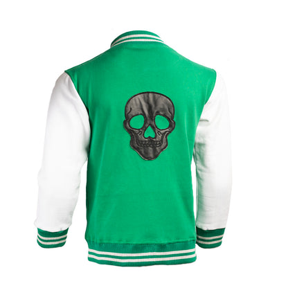 Custom Varsity Jackets | Green & White | Premium Embroidery & Leather Skull Patch