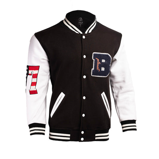 Custom Varsity Jacket | Black & White | Embroidered Patches & Leather Skull Design