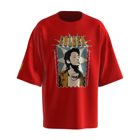 Oversized Jungkook Golden Print Red Drop Shoulder T-Shirt