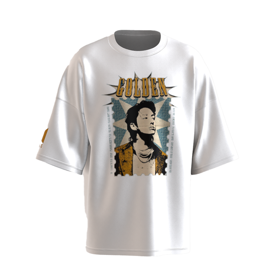 Oversized Jungkook Golden Print White Drop Shoulder T-Shirt