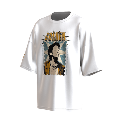 Oversized Jungkook Golden Print White Drop Shoulder T-Shirt