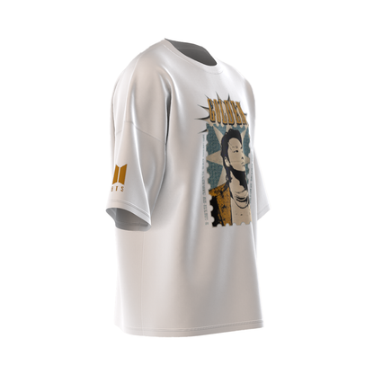 Oversized Jungkook Golden Print White Drop Shoulder T-Shirt