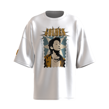 Oversized Jungkook Golden Print White Drop Shoulder T-Shirt