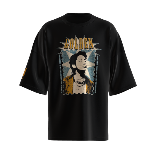 Oversized Jungkook Golden Print Black Drop Shoulder T-Shirt
